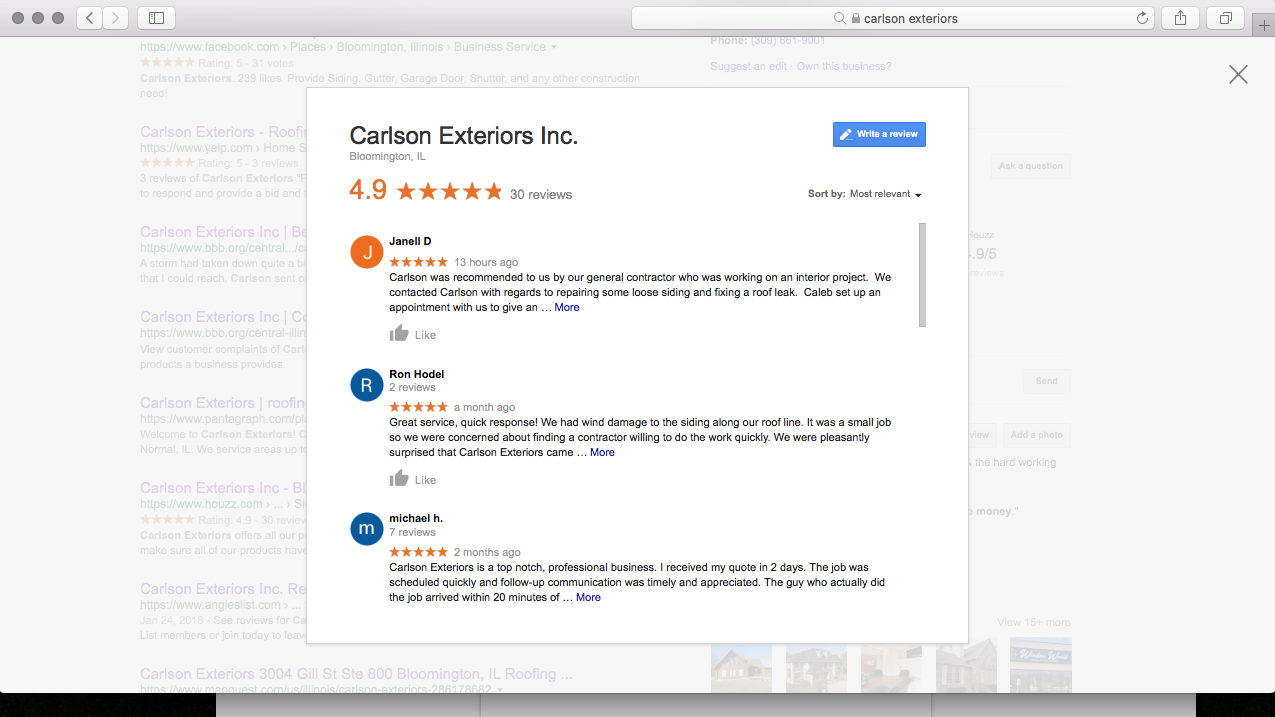 Example of Google Reviews – Carlson Exteriors Inc.